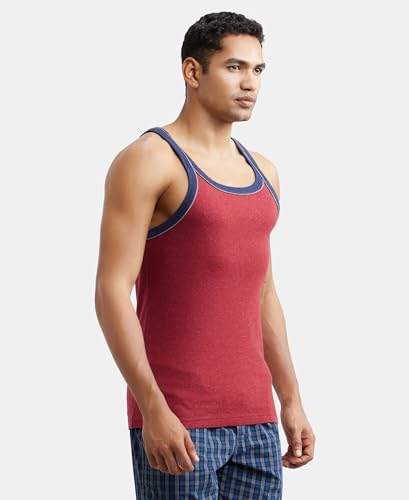 Image of Jockey US54 Men's Super Combed Cotton Rib Square Neckline Gym Vest with Back Panel Graphic Print (Shoulder Starp Color May Vary)