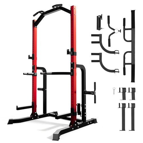 Outdoor Basic Power Cage Squat Rack with Pull-Up Bar & Dip Station, Multi-Functional Home Gym Power Rack Includes J-Hooks, Weight Plate Storage, Barbell Storage, for Weightlifting & Strength Training