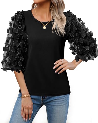 Women Blouses Summe Casual Crew Neck Cotton Tshirts 3/4 Puff Sleeve Mesh with Appliques Fall Tops Goingout2