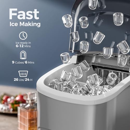 Image of Electactic Ice Makers Countertop,26Lbs /24H,9 Cubes in 6 Mins,Portable Ice Maker Machine with Self-Cleaning,2 Sizes of Bullet Ice,Perfect for Home Kitchen(Grey)