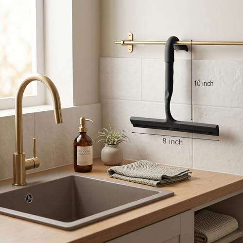 Image of Shower Squeegee for Glass Doors, 10-Inch Silicone, Fishtail Type Hook,Black | One-piece Silicone, Fishtail Hook, Non-slip Grip and Quiet Glide for Shower Glass, Tile, Mirrors, Windows and Car Glass