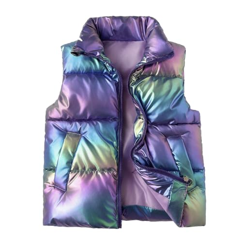 Girls Puffer Vest Stand Collar Zipper Iridescent Glossy Winter Kids Vest - image 2
