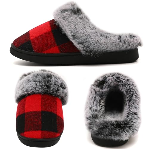 House Slippers for Woman Men, womens Checkered Slippers on House Shoes Cozy Memory Foam Scuff plaid Shoes with Fuzzy Faux Fur Comfortable Non-Slip Warm Fuzzy indoor outdoor2