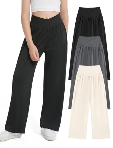Image of EXARUS 3 Pack Girls Wide Leg Pants Baggy /Tapered Loose Casual Summer | Teen Flowy Tween Beach School Vacation Trousers Youth Junior Preteen Bottoms Lightweight Soft Kids 6-14Y