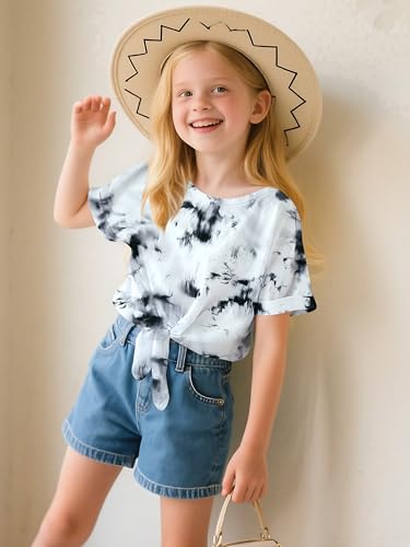 Image of Girls Crop Top Tie Dye Short Sleeve Summer T Shirt Rolled Cuffs Tie Hem Fashion Shirts Tee 4-15 Years