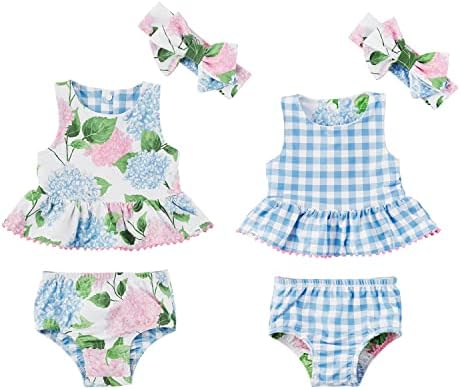 Mud Pie Girls Reversible Swimsuit & Headband Set, Hydrangea/Gingham, 3-6 Months