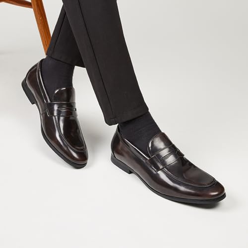 Men's Genuine Leather Slip-On Penny Loafer Fashion Classic Cap Toe Low Top Smoking Driving Moccasins Dress Shoes British Retro Tuxedo Formal Shoes for Prom Wedding Business Casual 7