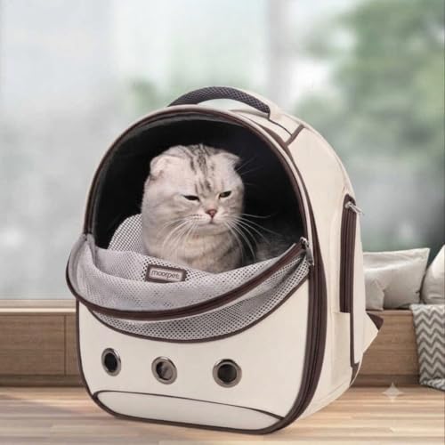 Image of Cawypety Cat Backpack Carrier, Breathable Cat Carrier Pet Backpack for Kitty Small Dog Up to 15Lbs, Transparent & Foldable Pet Carrier for Travel Hiking (White, Brown)