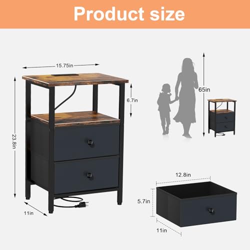 Image of Nightstand with Charging Station, Bedside End Table with 2 Fabric Drawers for Bedroom, Side Table with USB Ports and Outlets (Brown Black)