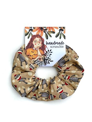 Scrunchies Sock Monkey Fabric Hair Elastic, Fabric Hair Stretchy Band, 100% Cotton, Fabric Ponytail Holder, Handmade