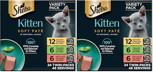 Image of Sheba Perfect Portions Kitten Wet Cat Food Pate Chicken Entree, Salmon Entree, and Turkey, 2.6 oz. Twin-Pack Trays (, 48 Servings), 24 Count (Pack of 2)
