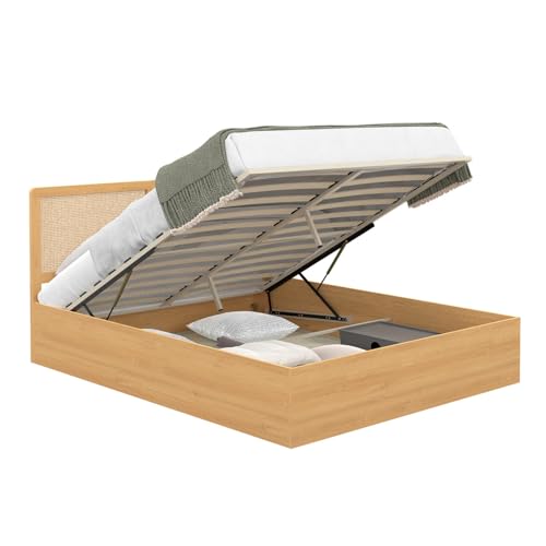 IDMarket - Lit Coffre Double EDHEN avec tête de lit cannage et sommier 140 x 190 cm Coloris Bois