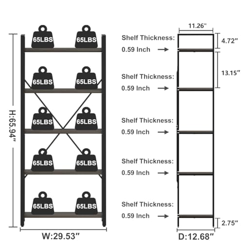 FATORRI 5 Tier Industrial Bookshelf, Rustic Etagere Bookcase for Display, Vintage Shelving Unit Wood and Metal Tall Book Shelves for Home Office (Walnut Brown)