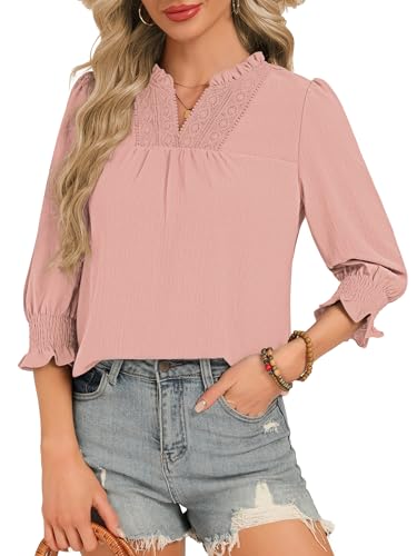 Funlingo Women Blouses Dressy Casual V Neck 3/4 Length Sleeve Womens Tops Boho Lace Crochet T Shirts Beach Vacation Spring Clothes 2026 Pink M