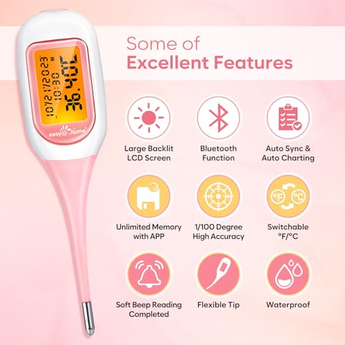 Easy@Home Basal Thermometer for Ovulation, BBT with Backlit LED Screen & Premom APP (iOS&Android) - Digital Basal Thermometer for Fertility Monitor, Trying to Conceive, Auto Sync (Pink)