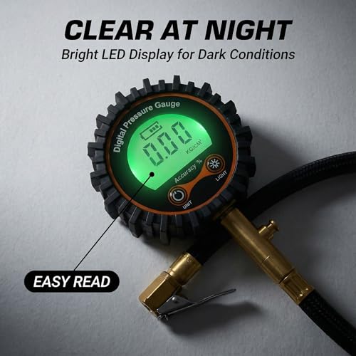 Image of SUVCARMPING 250 PSI Digital Tire Pressure Gauge, Heavy Duty Tire Deflator with Gauge & Backlit LCD (±1% Accurate), Professional Air Pressure Gauge Kit with 4-Way Valve Tool, Caps Cores for Car Truck
