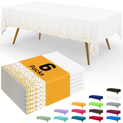 Image of Smiry Disposable Table Cloth - 6 Pack, 54 x 72 Inch Waterproof Rectangle Tablecloths for New Years, Decorative Plastic Table Cover, Leakproof & Sturdy, White & Gold