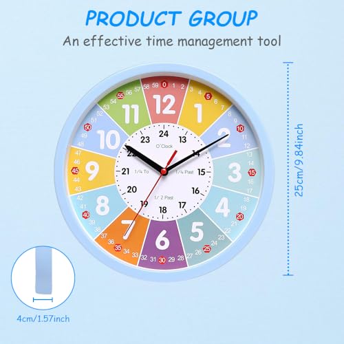 Calenxy Wanduhr für Kinder, 25 cm Analoge Kinderuhr ohne Tick Geräusche mit lautlosem Lernuhr zum Lernen der Uhrzeit Uhrwerk Kinderuhr der Uhrzei Deko Wand Uhr Kinderzimmer Lautlos für Mädchen Jungen