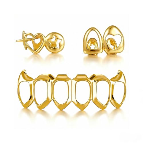 Gold Grillz Set Open Face Hip Hop Teeth Jewelry Gold Plated Dental Caps for Top Bottom Removable Grills for Men Women (Grillz Teeth Set)