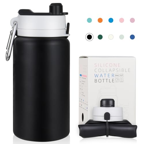 PLTCAT Collapsible Water Bottle, 19oz Foldable Water Bottle BPA Free Reusable Lightweight Leak-Proof Travel Silicone for Travel, Gym, Hiking, Office, Camping(Black)
