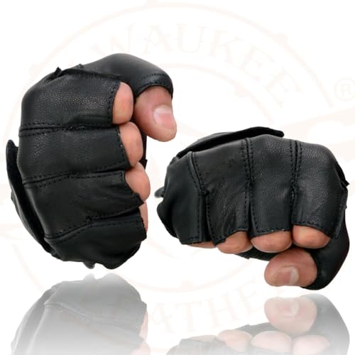 Image of Milwaukee Leather SH198 Men's Black Flame Embroidered Fingerless Gloves with Gel Palm | Padded Comfort; Vibration Relief; Flame Embroidery