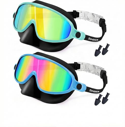 Vvinca Kids Swim Goggles with Nose Cover 2 Pack, Anti-Fog Waterproof Swimming Glasses for Boys Girls Age 12-15, Wide View Silicone Scuba Mask for Toddler Pool Beach Water Play