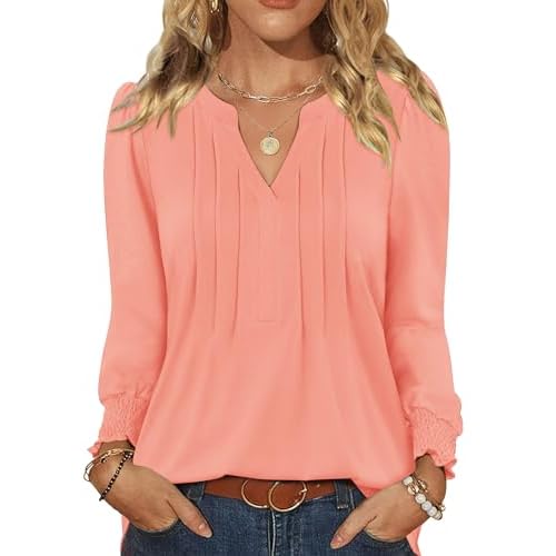 LOMON Womens Tops Dressy Casual Pleated Ruffle Long Sleeve Tunics Tops to Wear with Leggings V Neck Work Blouse Small Coral Pink