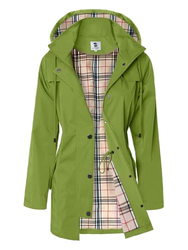 SaphiRose Women's Long Hooded Rain Jacket Outdoor Raincoat Olive Green S | Water-Resistant, windbreaker, rain coat, drawstring waist, storm flap, zip closure, hiking, camping, daily outdoor wear