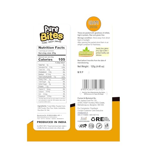 Image of Grami Superfoods Pure Bites Millet Ribbon Pakoda- 125g | Healthy Indian Snacks | Millet Snacks | No Maida | No Preservative | High Protein & Fiber Snack | Low GI | Healthy Namkeen for Kids & Adults |Weight Loss Namkeen |Sugar Free | Diabetic Friendly Namkeen