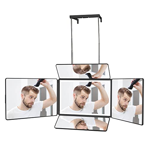 BTSAE Self Cut System,Specchio a 5 Vie per Taglio di Capelli Con Ganci Telescopici Regolabili In Altezza,Strumento di Taglio di Capelli Regolabile per Tagliare,Specchio Da Barbiere 360° Con Luci Led