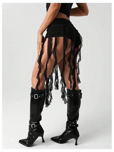 Women's Y2k Ruched Mesh Mini Skirt Low Rise Layered Ruffle Asymmetrical Flowy Party Club Skirts2