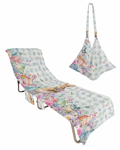 Easter Rabbit Beach Chair Towel Covers for Chaise Lounge with Side Pocket, Soft Plush Pool Towels Cover for Patio Sunbathing Outdoor 29''x85'' Buffalo Plaid Eggs Spring Garden Herbs