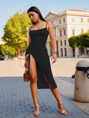 Image of Nimsruc Womens Sexy Summer Dresses Spaghetti Strap Thigh-high Slit Ruched Bodycon Maxi Club Cocktail Party Dress
