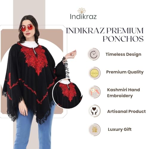 Image of Premium Women's Kashmiri hand embroidery floral woollen poncho Indian cape wrap shrug Free size