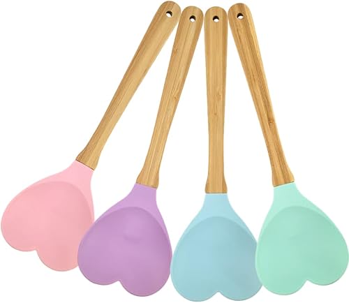 BESTonZON 4 espátulas de silicona en forma de corazón con mango de madera para hornear, espátulas de silicona para mezclar cocinar hornear