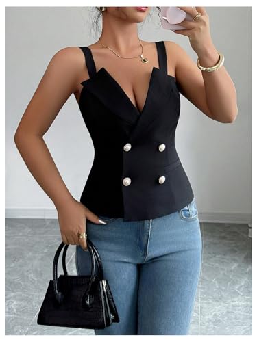 SweatyRocks Women's V Neck Button Front Tank Tops Elegant Sleeveless Work Vest Top4