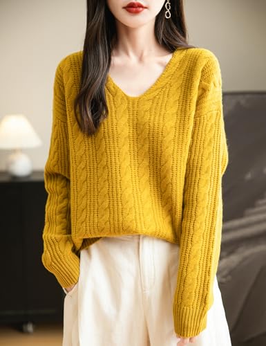 Image of Chanyarn Women's V Neck 100% Merino Wool Oversized Sweater 2025 Fall Winter Vintage Cable Long Sleeve Knit Sweater