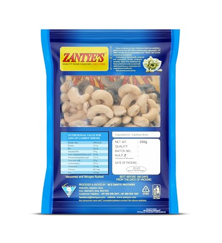 Image of Zantye's W240 Plain Cashew 250g | Premium Whole Goan Kaju | Vacuum Packed & Nitrogen Flushed | Crunchy & Fresh Dry Fruit | High Protein & Healthy Fats | Vegan Snack | Ideal for Gifting & Cooking