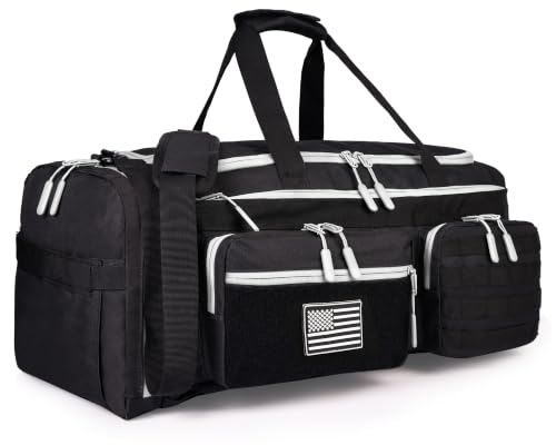 Image of LHI 50L Tactical Duffle Bag for Men, 3-in-1 Gym Duffle and Backpack, Shoe Compartment, Laptop Sleeve and MOLLE, Carry-On Travel Weekender and Overnight Bag - Black with White zippers