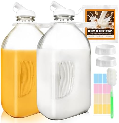 2 Pack 64 Oz Glass Milk Bottles with Nut Milk Bag & Airtight Lids | Includes 2 Pour Spouts | with Cleaning Brush | 1/2 Gallon Heavy Duty | 1.9L Reusable Container | for Refrigerator Storage