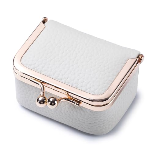 Genuine Leather Mini Jewelry Box - Vintage-Inspired Travel Jewelry Organizer with Kiss Lock, Compact Ring Box for Women, Perfect for Earrings, Rings, Necklaces, Bracelets (B White)