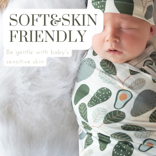 Image of Newborn Swaddle Set, Green Avocado, Beanie | 31.4 x 31.4 in, for 0-3 months, swaddle and receiving blanket, beanie, name card, Green Avocado