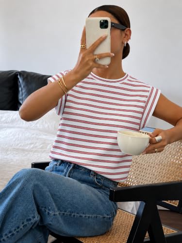 Image of Jawdrobe Women's Striped Western Top Round Neck Cap Sleeve T-Shirt for Women