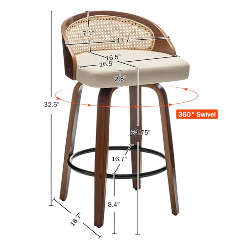 Image of 24.8 inch Swivel Rattan Bar Stools,Mid-Century Modern Beige Leather Upholstered Counter Height Stools,Kitchen Island Barstools with Rattan Low Backrest,Walnut Wood Finish Bar Chair,1PCS
