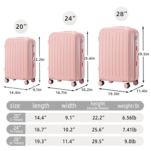 20"/24"/28" Pink Luggage Sets 3 Piece with Spinner Wheel, ABS Simple Luggage for Women, Hardside Suitcases with Cup Holder and USB Port for Outdoor Travel, Back to School (Pink)2
