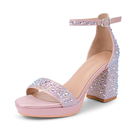 Women's Sparkly Rhinestone Platform Block Heel Sandals Ankle Strap Open Toe Party Wedding Shoes