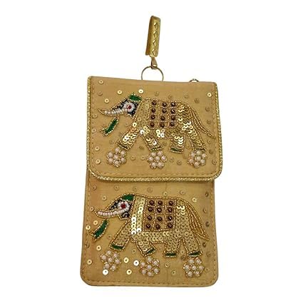 Avanti Creation Women's PearlSilk Saree Mobile Pouch Waist Clip Ladies Purse Gift Designer Pearl Beads Studded Handmade Mobile Pouch with Elephant Embroidery (Golden)-image-44