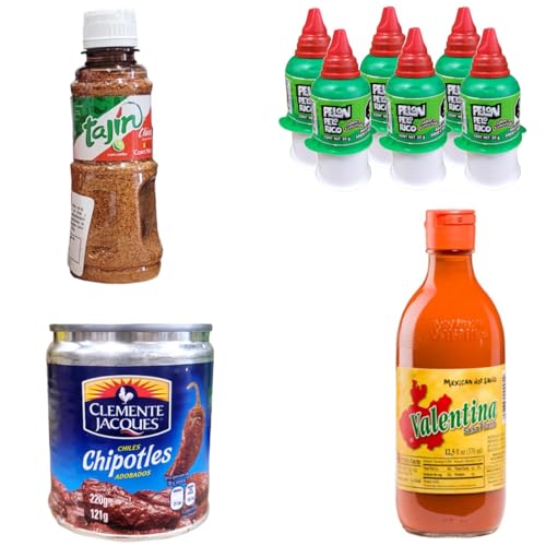 Set de Degustación de Comida Mexicana | Pack de Productos Mexicanos | 1 Salsa Valentina, 6 Pelón Pelo Rico, 1 Tajín cásico, 1 lata de Chipotles Adobados Clemente Jacques