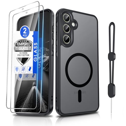 Dizn for Samsung Galaxy A35 5G Phone Case with 2 Screen Protector & Phone Lanyard Fit for MagSafe Camera Bumper Protection Shockproof Magnetic Thin Translucent Cover for Samsung A 35 5G Black