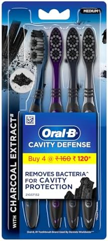 Oral B Cavity Defense 123 Black Manual Toothbrush for adults with charcoal extract- Medium (Pack of 4)